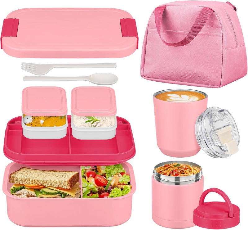HWONMTE Large Bento Lunch Box Set for Adults Kids Women with 10.5oz Soup Thermo,Coffee Tumblers Men Girls Boys Teenagers Leak-Proof Lunch Food Containers with Lunch Bag - Image 1